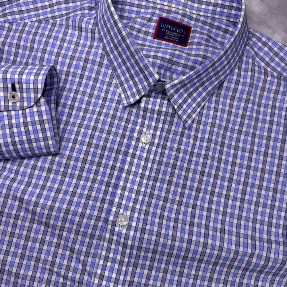 UNTUCKit Mens XXXL Blue White Plaid Wrinkle Free Cotton Button Down Shirt